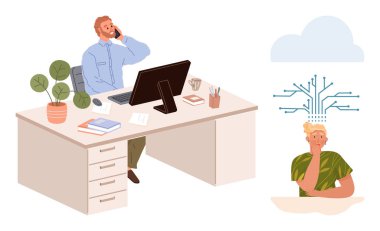 Ofis çalışanı masasında Al teknolojisiyle bağlantılı düşünceli bir insanla konuşuyor. Takım çalışması, yenilik, yapay zeka işbirliği, iletişim, iş hayatı dengesi, yaratıcılık için ideal