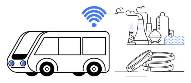 Sanayi fabrikası ve madeni para yığınının yanında kablosuz bağlantısı olan akıllı bir elektrikli otobüs. Teknoloji, ulaşım, akıllı şehir, sürdürülebilirlik, enerji, endüstri, yenilik temaları, basit
