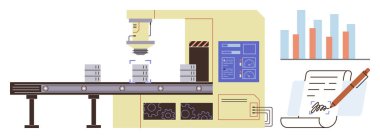 Robot kolu, dişlileri, kontrol paneli, analitik çizelgesi ve imzalı sözleşmesi olan fabrika taşıyıcısı. Teknoloji, yenilik, endüstri, otomasyon kalite kontrol eğilimleri için ideal