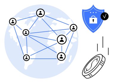Dünyayı çevreleyen ağ bağlantıları, veri güvenliğini vurgulayan kalkan, engelleme işlemini sembolize eden para. Engelleme zinciri, veri koruması, fintech, kripto para birimi, ağ oluşturma için ideal