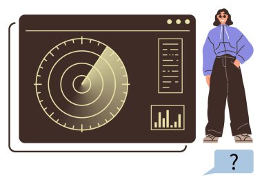 Veri analizi, grafikleri ve izleme detaylarıyla radar arayüzünün yanında günlük giysiler içinde birey. Teknoloji, izleme, analitik, yenilik, kontrol sistemleri, dijital araçlar için ideal