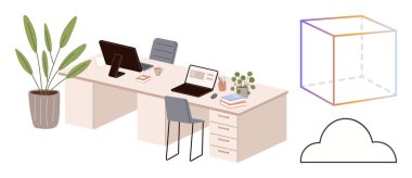 Ofis masalarında dizüstü bilgisayarlar, sandalyeler ve sanatsal 3 boyutlu küp ve bulut şekillerinin yanında bitkiler. Ofis kavramları için ideal, üretkenlik, teknoloji, yaratıcılık, modern çalışma, tasarım basit düz metafor