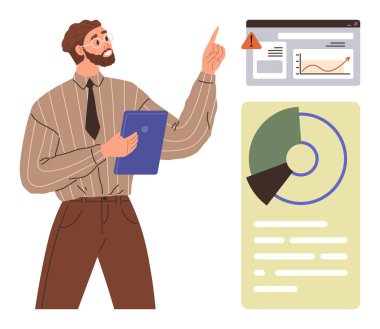 Veri grafiklerine, uyarı alarmına ve istatistiklere bakan kişi. İş analizi, veri izleme, karar verme, risk yönetimi, sunum, takım çalışması için ideal basit düz metafor