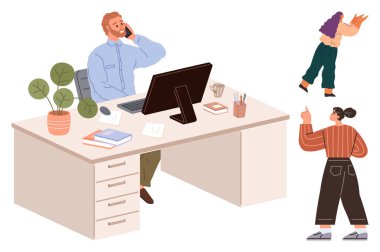 Masada bitki, kitap, kahve ekibi üyeleriyle telefonda konuşan bir adam fikri yakınlarda tartışıyor. Takım çalışması, iletişim, üretkenlik, ofis kültürü, işyeri etkileşimi, proje planlaması için ideal