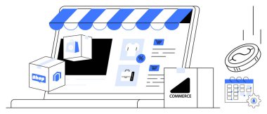 Laptop ekranında çevrimiçi mağaza eşyaları, nakliye kutuları, düşen paralar, takvimler ve ekipmanlar gösteriliyor. Alışveriş, pazarlama, lojistik ödemeler iş teslimatı yenilikleri için idealdir. Basit düz