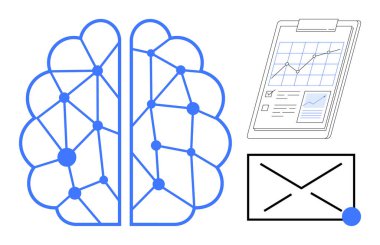 Sinirsel ağ bağlantıları olan beyin, panoda analitik çizelge, e-posta zarfı. Yapay zeka, veri bilimi, teknoloji, iletişim, araştırma makinesi öğrenme yeniliği için idealdir. Basit düz
