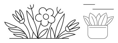 Yapraklı çiçekler ve basit bir saksı bitkisi. Doğa, büyüme, çevre dostluğu, bahçıvanlık, dekorasyon, bahar ve minimalizm için idealdir. Basit düz metafor