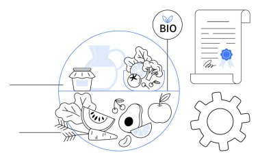 Bir daire içinde organik meyve, sebze, kavanoz ve sürahi. Mühürlü belge. İşlemleri temsil eden ikon. Sağlık, sürdürülebilirlik, organik gıda tarım kalitesi için ideal