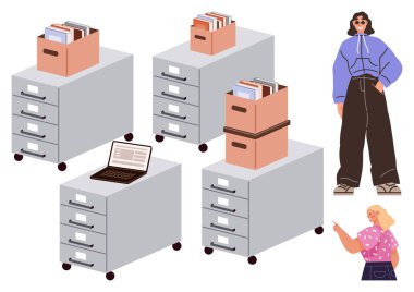 Belge kutularının olduğu dolaplar, birinin üstünde dizüstü bilgisayar ve biri gösterilen iki kişi. Organizasyon, işbirliği, takım çalışması, depolama çözümleri, üretkenlik bürosu iş akışı için ideal basit