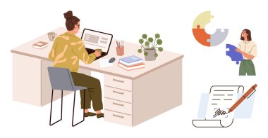 Masasında dizüstü bilgisayarı ve evrakları olan bir kadın takım çalışmasını temsil eden bulmaca parçaları sözleşmeyi ya da anlaşmayı simgeleyen imzalı bir belge. Üretkenlik, takım çalışması, planlama ve yenilik için ideal