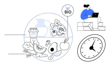 Taze meyve, sebze, kavanoz, sürahi ve saatin yanında biyolojik amblem. Dizüstü bilgisayarda çalışan bir kadın. Beslenme, sağIık, dikkatli yeme, sürdürülebilirlik üretkenlik için idealdir.