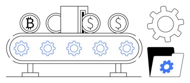 Taşıyıcı bant işleme bitcoin ve dolar sikkeler ile çevrili dişliler, klasör ve otomasyon görseller. Fintech, kripto para, otomasyon, ekonomi, finans teknolojisi analizleri için ideal. Modern