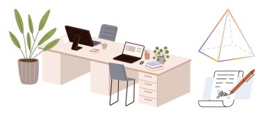 İki dizüstü bilgisayar, sandalye, dosyalar, bitki, notlar, üç boyutlu geometrik şekil ve imzalı belge. İş takımı eğitimi için ideal yaratıcılık planlama işyeri organizasyonu. Basit düz