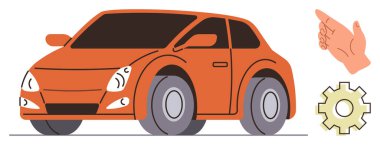 Parlak dizaynlı turuncu araba, işaret eden el hareketi, ve otomasyon, mekanik, yenilik, teknoloji, ulaşım, ilerleme ve verimliliği temsil eden vites sembolü. Basit bir düz metafor.