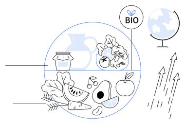 Taze meyve, sebze ve bir kavanoz, küresel bir biyolojik ikon ve çevresel ilerleme göstergeleriyle tamamlanmış organik yaşamı vurguluyor. Sürdürülebilirlik, organik yaşam tarzı, sağlık, ekoloji için ideal