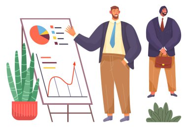 Çizelge standında grafikler ve pasta grafikleriyle veri sunan adam gözlemliyor. İş için ideal, takım çalışması, strateji, analitik, liderlik, planlama işbirliği. Basit düz metafor