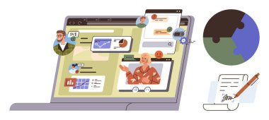 Video görüşmeleri, çizelgeler ve mesajlar içeren dizüstü bilgisayar ekranı, küresel işbirliği unsurları, imzalı belgeler. Takım çalışması, iletişim, uzaktan çalışma, küreselleşme teknolojisi ağı için ideal