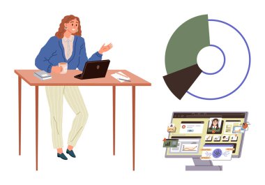 İş kadını laptop, pasta grafiği ve ekran görüntüleriyle veri sunuyor. Analiz, üretkenlik, sanal çalışma, uzaktan işbirliği, sunum iletişim teknolojisi için idealdir. Basit düz