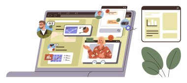 Bilgisayar ekranında video aramaları, grafikler, mesajlar ve analizler, takım çalışmasını, dijital bağlantıyı ve üretkenliği sembolize ediyor. Uzak çalışma için ideal, web tarayıcıları çevrimiçi öğrenme veri paylaşımı