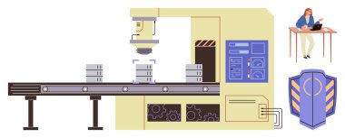 Robot makine denetleme kutularıyla modern ambalaj hattı, verileri yöneten bir işçi ve bir güvenlik kalkanı ikonu. Sanayi, otomasyon, yapay zeka, üretim, lojistik ve kalite için ideal