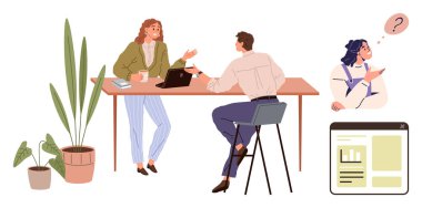 Bir meslektaşı uzaktan iletişim kurarken, iki iş arkadaşı bir masada dizüstü bilgisayar ve kahveyle fikirleri tartışıyor. Takım çalışması için ideal, uzaktan çalışma, birlikte çalışma, iletişim, beyin fırtınası, problem çözme