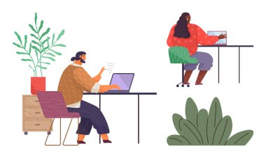 İki kişi ayrı masalarda çalışıyor, dizüstü bilgisayarlara odaklanıyor. Yeşillik çalışma alanı sükunetini arttırır. Takım çalışması, üretkenlik, uzaktan çalışma, birlikte çalışma, çevrimiçi işbirliği, çalışma alanı estetiği için ideal