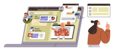 Video konferanslı dizüstü bilgisayar ekranı, veri analizleri, profiller, sohbet, uzaktan erişim ve sanal görevlere bağlı kullanıcı. İletişim, takım çalışması, eğitim ağı üretkenliği için ideal