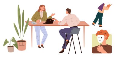 Yeşil bitkilerle çevrili bir masadaki iş arkadaşları arasında sıradan bir konuşma, kendinden emin bir şekilde el kol hareketi yapan uzak bir kişi ve kimlik ya da duyguları simgeleyen bir yüz maskesi. İşyeri kültürü için ideal