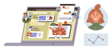 Takım üyesi profilleri, video görüşmeleri, mesajlaşma, çizelgeler ve istatistiklere sahip bir dizüstü bilgisayar ekranı. Takım çalışması, uzaktan çalışma, ağ oluşturma, proje yönetimi veri analiz iletişimi için ideal basit düz