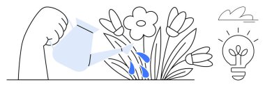 Çiçeklerin üzerine mavi damlalar, yakındaki ampuller ve bulutlar dökülüyor. Büyüme, yaratıcılık, sürdürülebilirlik, bakım, yenilik yetiştirme ortamı için idealdir. Basit bir düz metafor.
