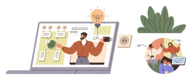 Hoparlörlü sanal sunum ekranı, beyin fırtınası fikirleri ve bağlantı simgeleri. Çevrimiçi öğrenme, takım çalışması, yaratıcılık, yenilik, sürdürülebilirlik, iletişim eğitimi için ideal