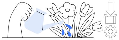 Mavi bir sulama kutusu, soyut simgelerin arasında mavi damlalarla sulayan çiçekler. Büyüme, bakım, üretkenlik, destek, gelişme, takım çalışması için ideal. Basit düz metafor