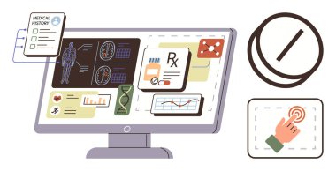 Bilgisayar ekranında tıbbi kayıtlar, teşhis taramaları, reçete detayları, grafikler ve DNA yapısı görülüyor. Sağlık, teletıp, tanı, yenilik teknolojisi verileri için ideal