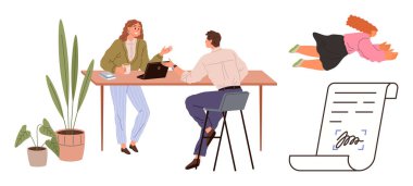 Masada dizüstü bilgisayarlı, bitkili, dijital dökümanlı ve imzalı fikirleri tartışan iki meslektaşla ofis toplantısı. Soyut uçan figür kavramını da içeriyor. Takım çalışması, yaratıcılık ve anlaşma için ideal