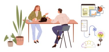 İki meslektaş, dijital çizelgeler ve simgelerle çevrili bir dizüstü bilgisayarla bir masada birlikte çalışıyor. Takım çalışması, işyeri verimliliği, veri analizi, büyüme stratejisi, sorun çözme için ideal