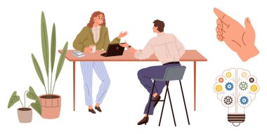 İki meslektaş, bitkilerle ve dişli bir ampulle çevrili bir masada dizüstü bilgisayarla fikirleri tartışıyor. İşbirliği, yaratıcılık, yenilik, takım çalışması, üretkenlik, ofis kültürü için ideal