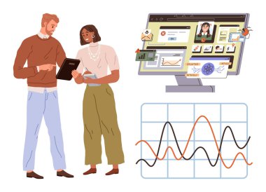 Tablet kullanarak veri tartışan iki meslektaş, analitik ve grafikleri gösteren büyük masaüstü paneli ve trendleri gösteren grafikler. Takım çalışması, analitik, proje yönetimi, teknoloji ve veri için ideal