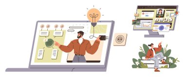 Ekip üyesi bilgisayar üzerinden fikirleri sunuyor, monitörde sanal veri paylaşımı, açık havada uzaktan çalışma. Takım çalışması, e-öğrenme, beyin fırtınası, dijital yenilik, üretkenlik, uzaktan kumanda için ideal