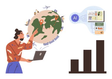 Dünya haritasını gösteren kadın, yapay zeka analitiği ve bar grafiği küresel araştırma, teknoloji, iş sezgileri, eğitim, yenilik, veri analizi büyümesini simgeler. Basit düz metafor