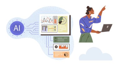 Dizüstü bilgisayarı olan bir kadın interaktif gösterge panelinden yapay zeka analizlerini inceliyor. Teknoloji, yenilik, iş, makine öğrenimi, dijital strateji, veri içgörüsü, otomasyon için ideal