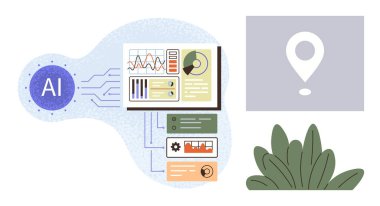 Yapay zeka modülü, grafik ve çizelgeli analitik gösterge paneli, konum belirleme ikonu, bağlantı hatları, yeşil bitkiler. Teknoloji, yapay zeka entegrasyonu, veri bilimi, coğrafi görselleştirme yeniliği için ideal