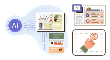 Yapay zeka verileri çizelgeler, grafikler ve analizlerle birlikte torpido gözünden işliyor. Karar vermek için etkileşimli bir el simgesi. Teknoloji, otomasyon, analitik, makine öğrenimi, yenilik için idealdir.
