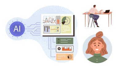 Yapay zeka, grafik görselleri, dizüstü bilgisayarda çalışan kullanıcı ve kişiselleştirilmiş profil görüntüsü ile detaylı verileri işliyor. Yapay zeka araçları, veri bilimi, makine eğitimi, teknoloji çözümleri, otomasyon için ideal