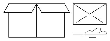 Kapaklı flaplar, kapalı zarf ve hareket çizgileri içeren açık kutu posta, lojistik ve teslimat kavramlarını vurguluyor. Nakliye, e-ticaret, e-posta, depolama iletişimi paketleme ekspres çözümleri için ideal