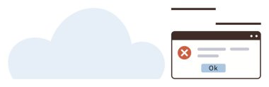 Tarayıcı penceresinin yanındaki büyük mavi bulut kırmızı haçlı ve OK tuşlu bir hata mesajı gösteriyor. Bulut hesaplama, bilişim sorunları, sorun giderme, hata işleme, iletişim, veri için ideal
