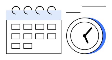 Masa takvimi ve analog saat öncelik ve planlamayı vurguluyor. Zaman takibi, verimlilik, buluşma ayarları, son tarih hatırlatıcıları, görev organizasyonu, iş akışı, basit düz metafor