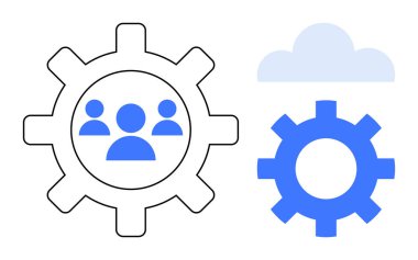 Bir grup insan ikonuna sahip dişliler, bağlantı ve yeniliği temsil eden bir bulut ikonu ile takım çalışmasını ve sistem işbirliğini simgeler. Takım çalışması, teknoloji, yenilik, bulut hesaplama için ideal