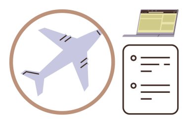 Daire içinde bir uçak, web sayfası olan bir dizüstü bilgisayar, kurşun noktalı kontrol listesi. Seyahat, seyahat planlaması, rezervasyon, verimlilik, organizasyon turizmi için ideal. Basit düz metafor