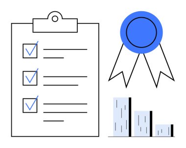 Mavi işaretli kontrol listesi, ödül kurdelesi ve ilerleme, başarı ve başarıyı temsil eden bar tablosu. İş, eğitim, hedefler, sertifika edinme stratejisi için idealdir