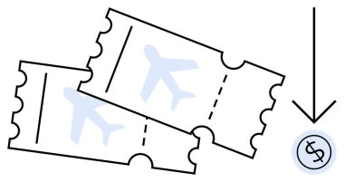 Uçak ikonlu iki uçak bileti ve bir dolar para. Yanında da aşağı bakan bir ok. Seyahat masrafları, indirimler, fiyatlar, bilet rezervasyonları, uçak biletleri, seyahat bütçeleri, ulaşım için ideal. A